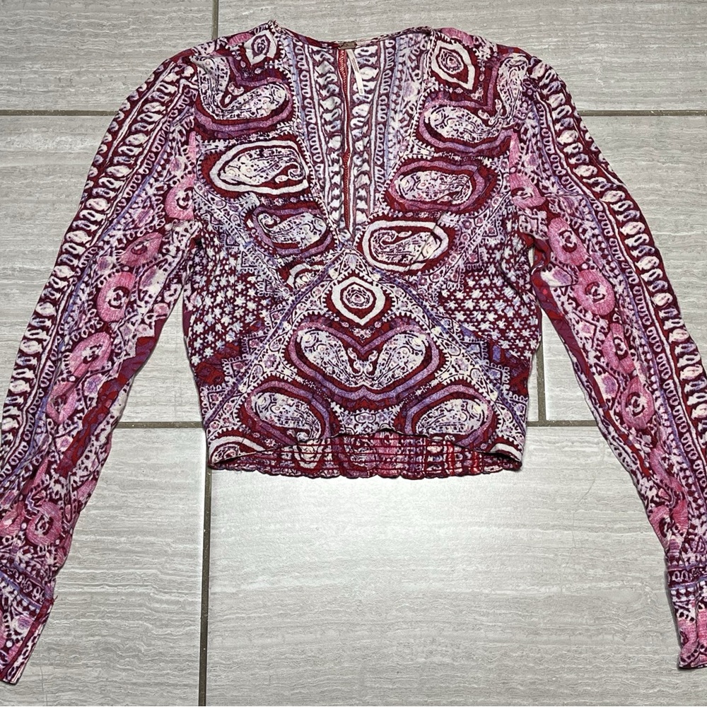 Free People Wild and Free Boho Paisley Long Sleeve Smocked Top Size XS